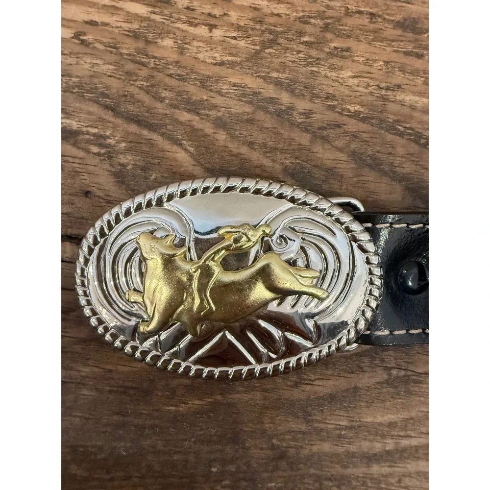 Nocona Kids Black Leather Western Tooled Belt Bull Rider Buckle N4410401-24